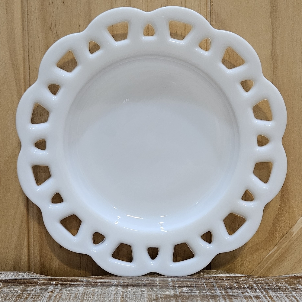 Vintage | Hazel Atlas Milk Glass Open Lace Scalloped Edge Luncheon Salad Plate